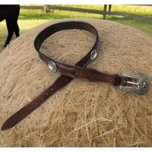 1993 Justin Leather Belt Western Star Metal Buckle Conchos Cowboy Brown W 38